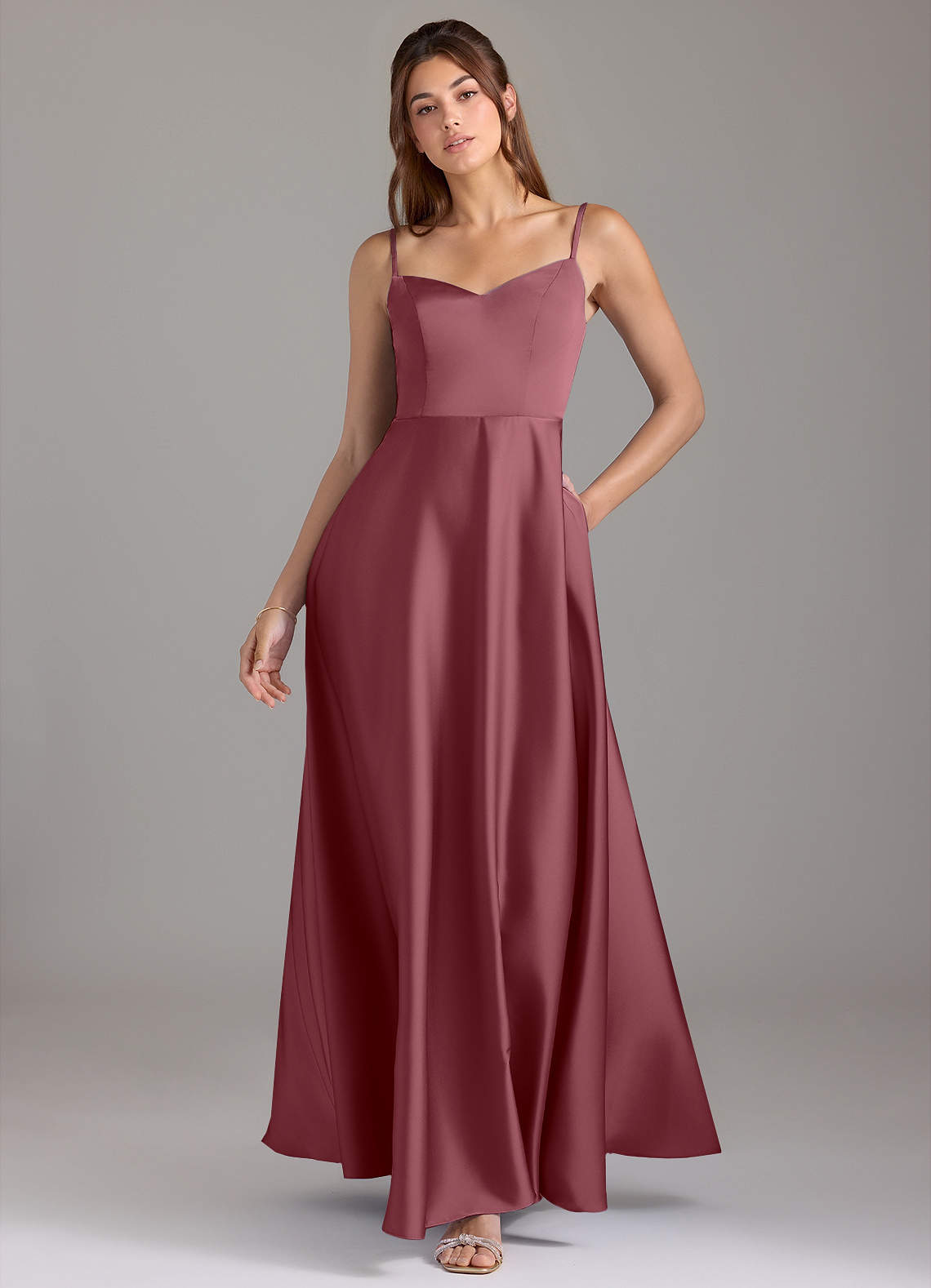 Azazie Marley Brautjungfernkleider Wandelbar A-Linie Schulterfrei Stretch-Satin Kleid Wüstenrose image1
