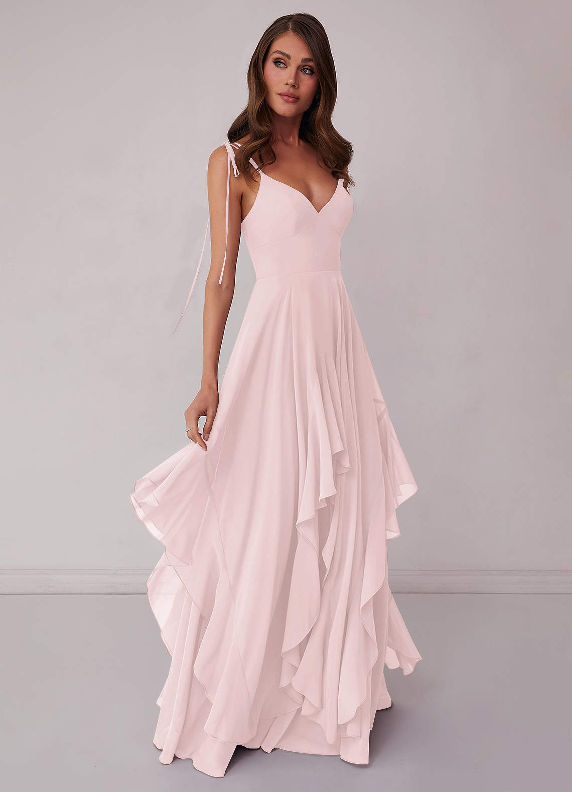 Blushing Pink V-neck Chiffon Tiered A-line Dress Bridesmaid Dresses ...
