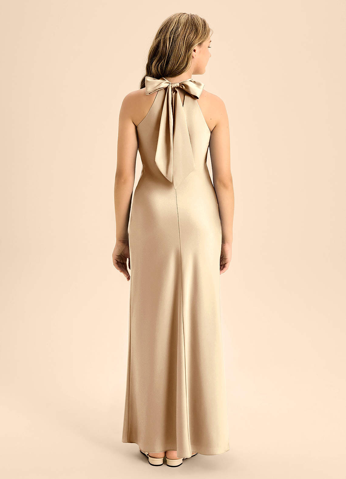 Azazie Doretta Junior Champagne A-Line Pleated Stretch Satin Dress image1