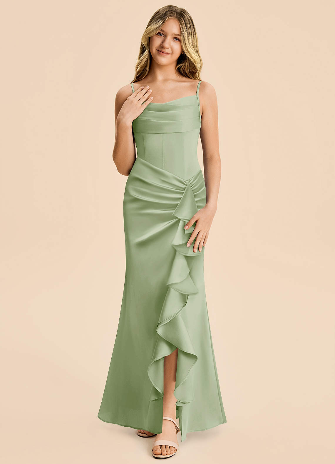 Azazie Rosalia Junior Dusty Sage Sheath Pleated Stretch Satin Dress image4