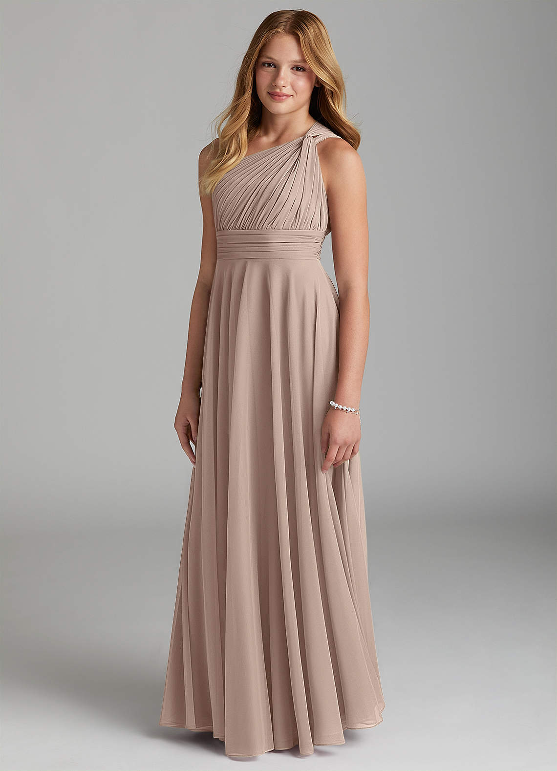 Azazie Charlize Junior Taupe A-Line Mesh Dress image1