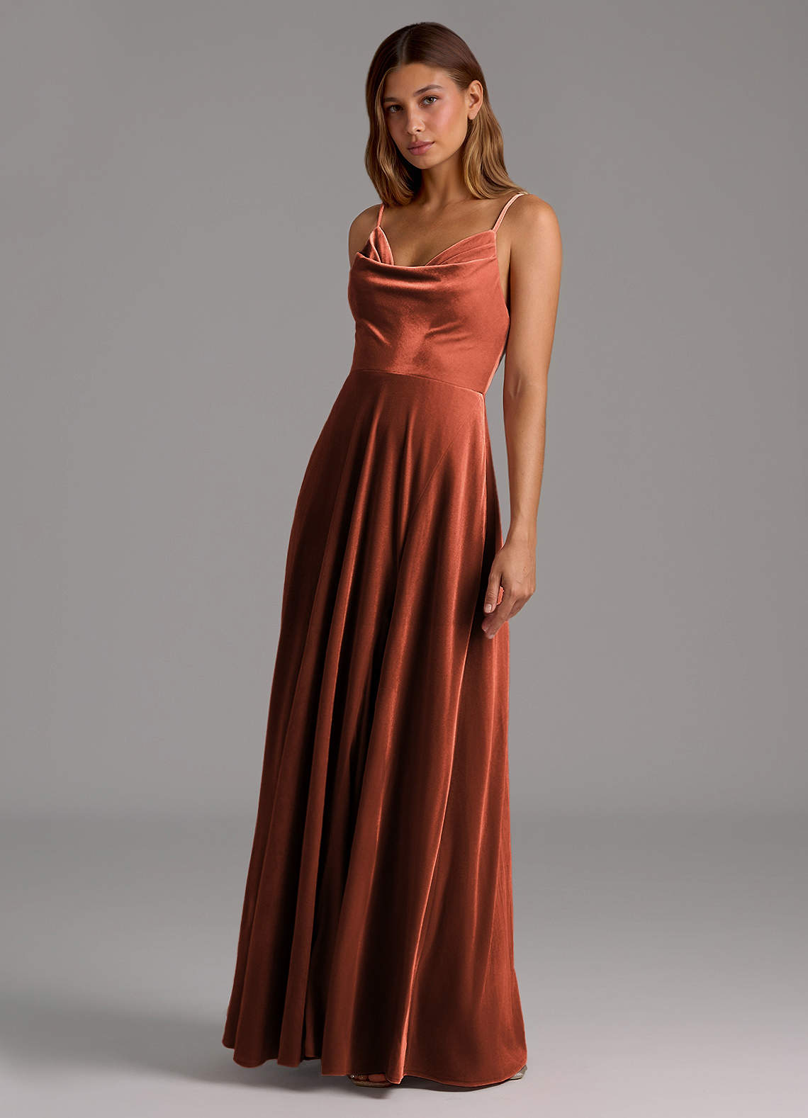 Azazie Sarella Bridesmaid Dresses Terracotta A-Line Pleated Velvet Dress image1