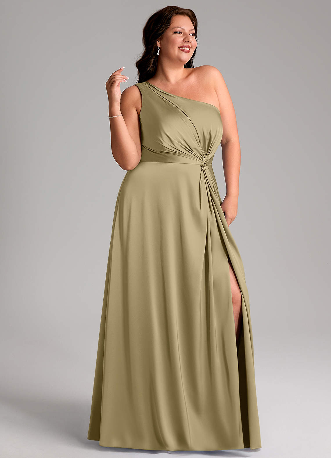 Azazie Brooke Vestidos de madrinha de casamento Vestido Musgo Verde de Cetim elástico de Linha A com Um ombro image10