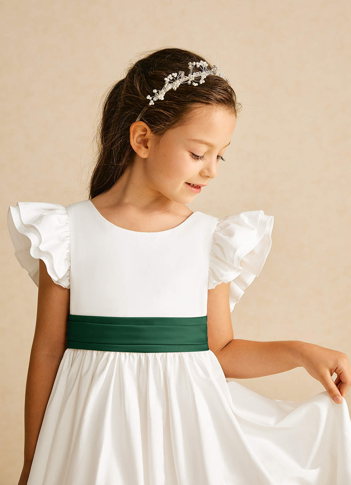 Azazie Aero Flower Girl Dresses Ivory Dark Green A-Line Pleated Cotton Dress image2