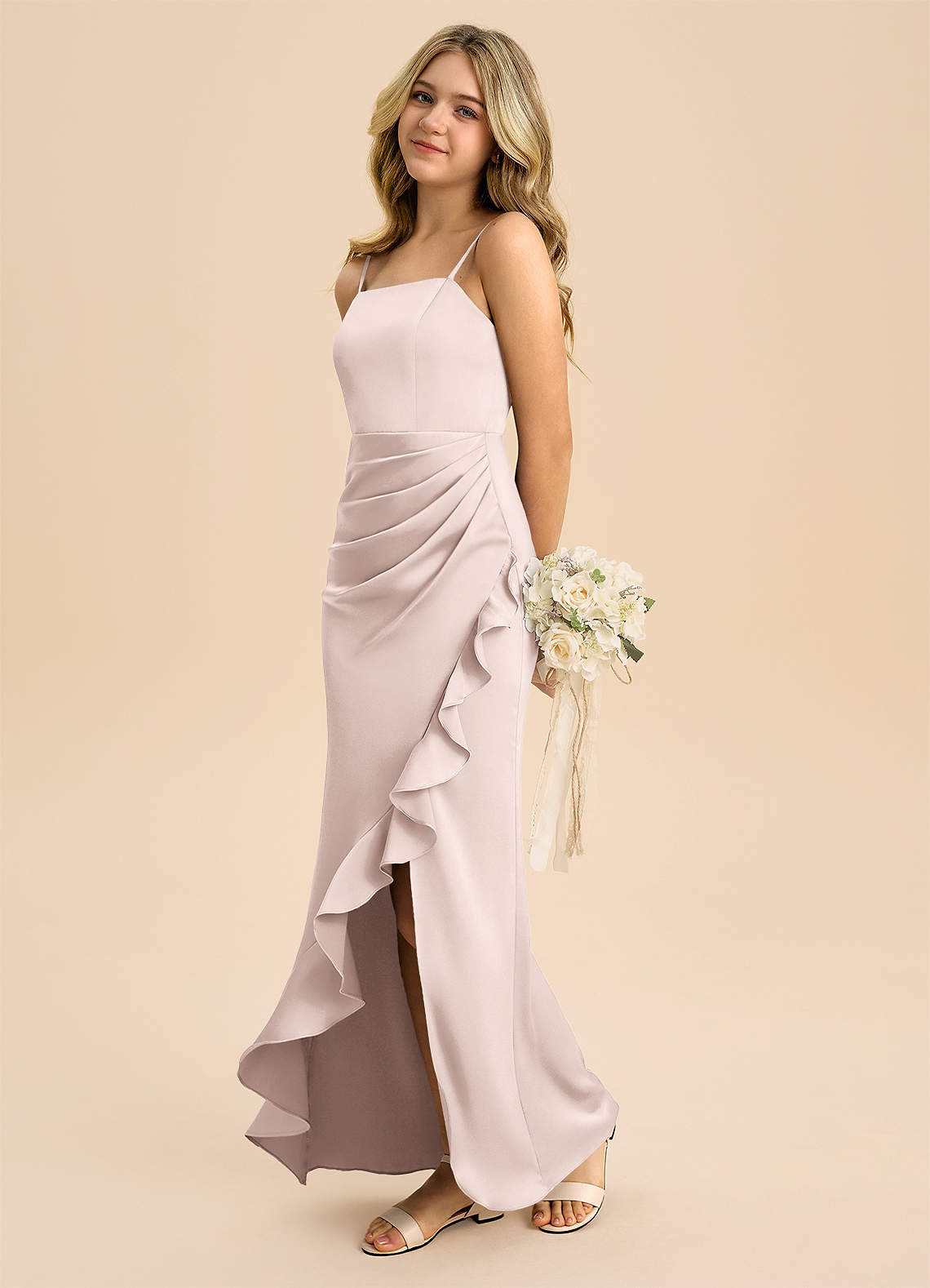 Azazie Buzzy Junior Jurk van Stretch Satijn met Kolom Geplooid Blozend Roze image5