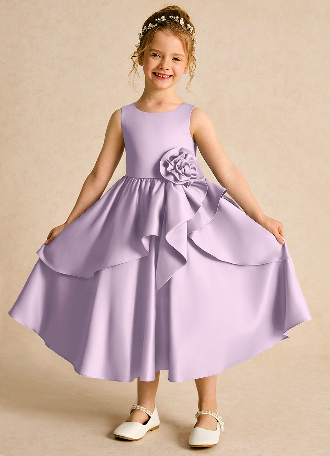 Azazie Hermia Robe Demoiselle D'honneur Fillette Robe Trapèze en Mat Satiné Sans manches Frostiges Flieder image1