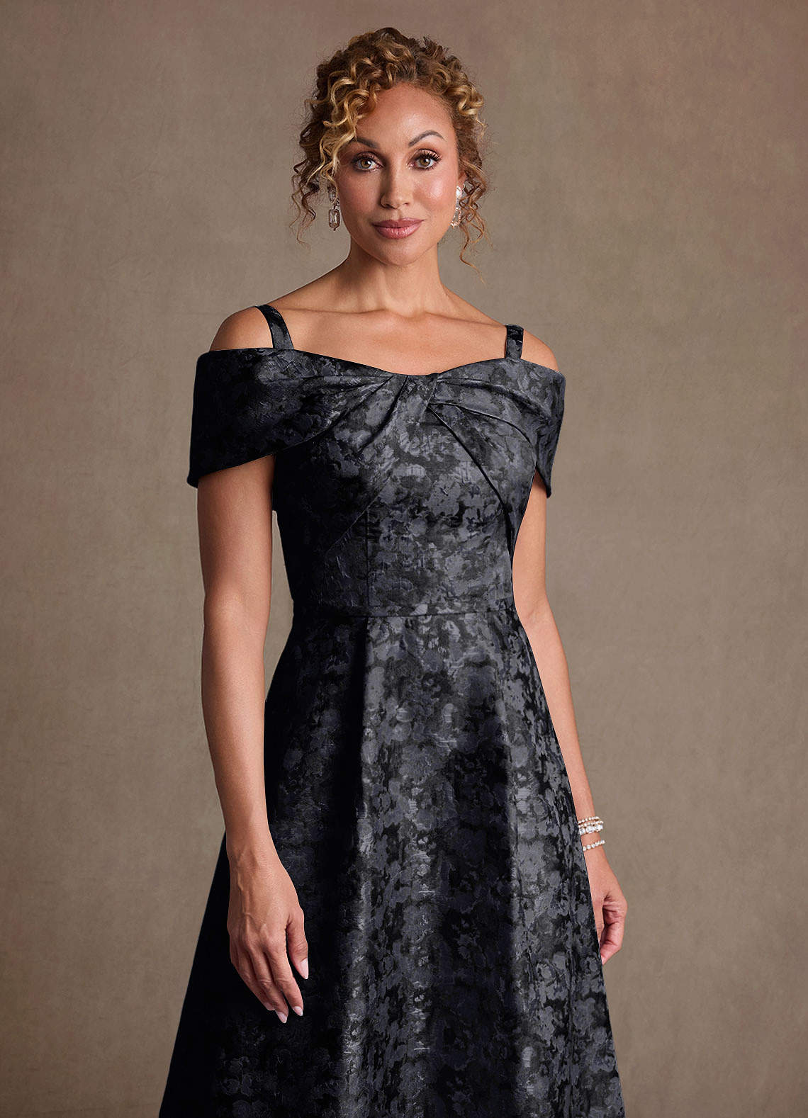 Azazie Harriett At-home Try On Dresses Black A-Line Off the Shoulder Floral Jacquard Dress image4
