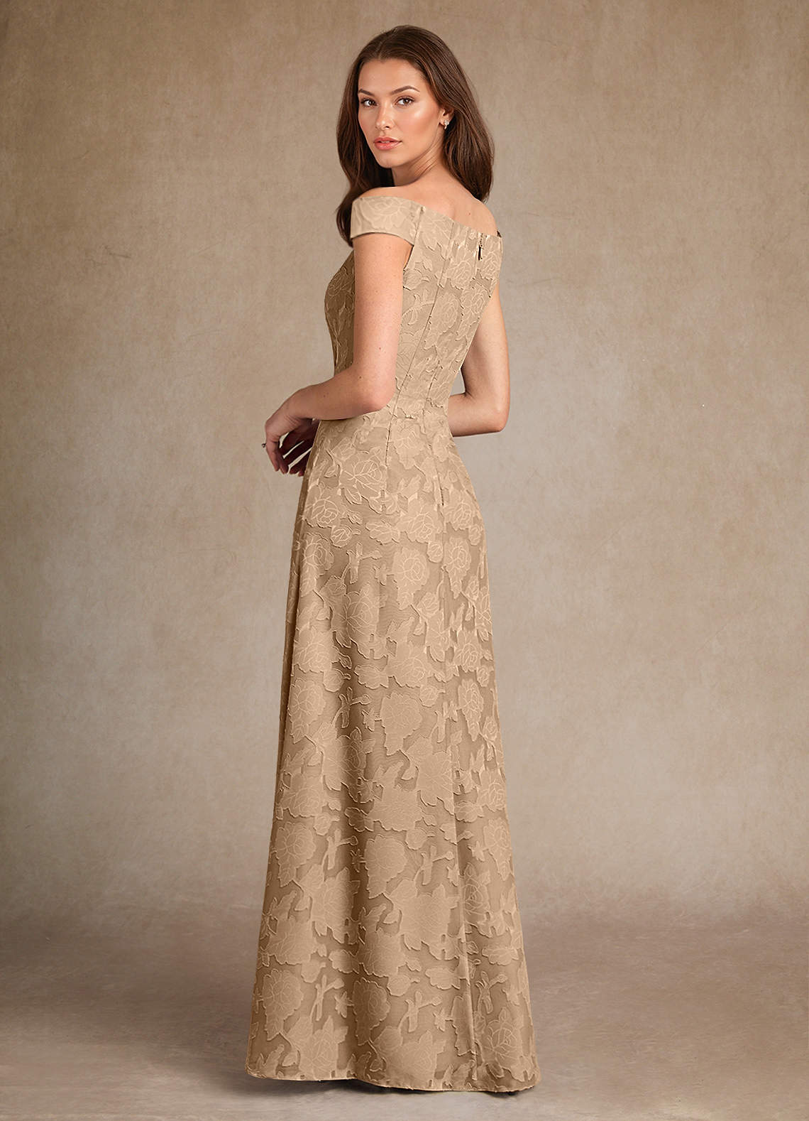 Azazie Moore Champagne A-Line Boatneck Floral Burnout Dress Ready