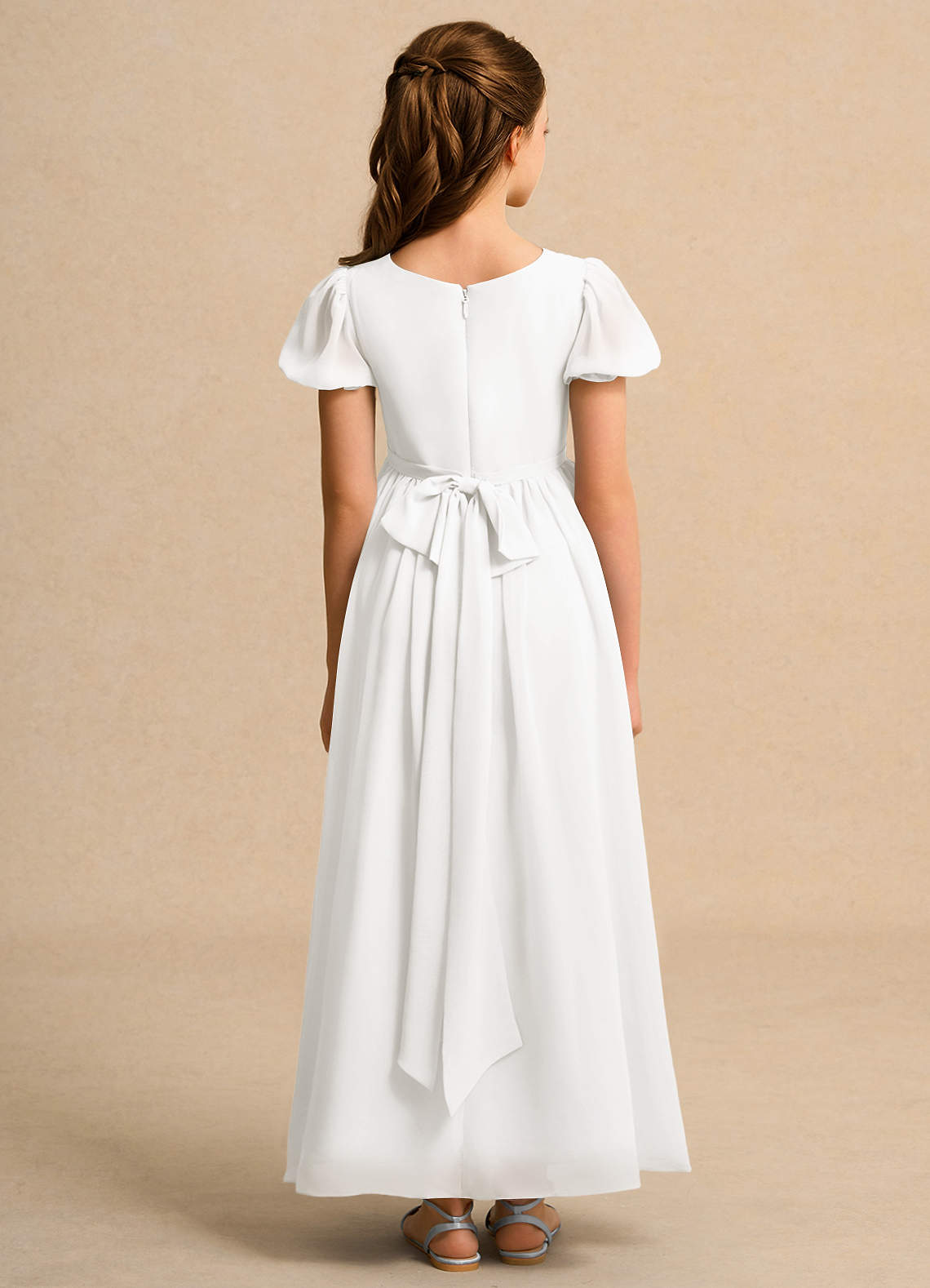 Azazie Lilia Girls Formal Kukkatyttöjen mekot A-linja hihoilla Sifonki Nilkan pituus Pukeutua image1