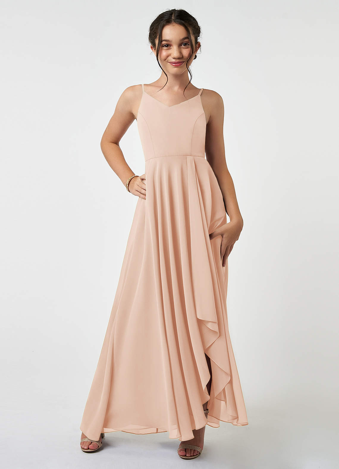 Azazie Collette Junior A-Linie Gestreift Chiffon Kleid Englisches Rosa image1