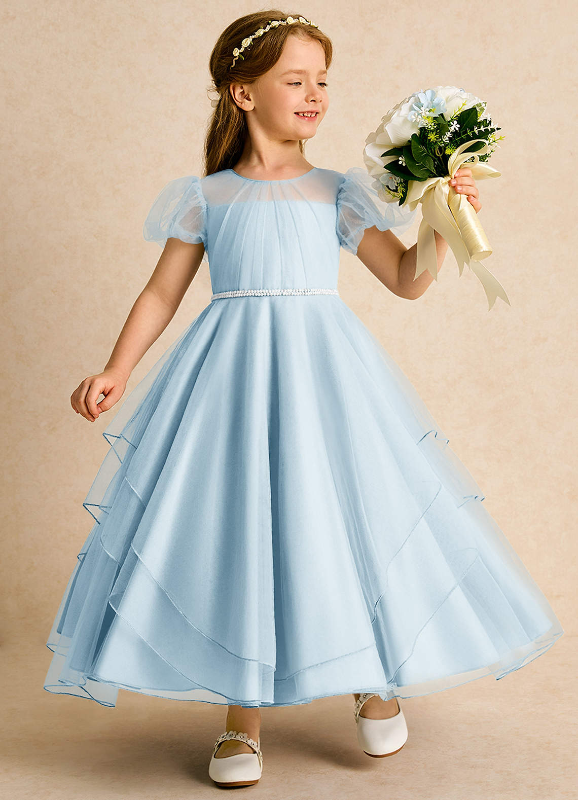 Azazie Duckie Flower Girl Dresses Sky Blue Ball-Gown Pleated Tulle Dress image1