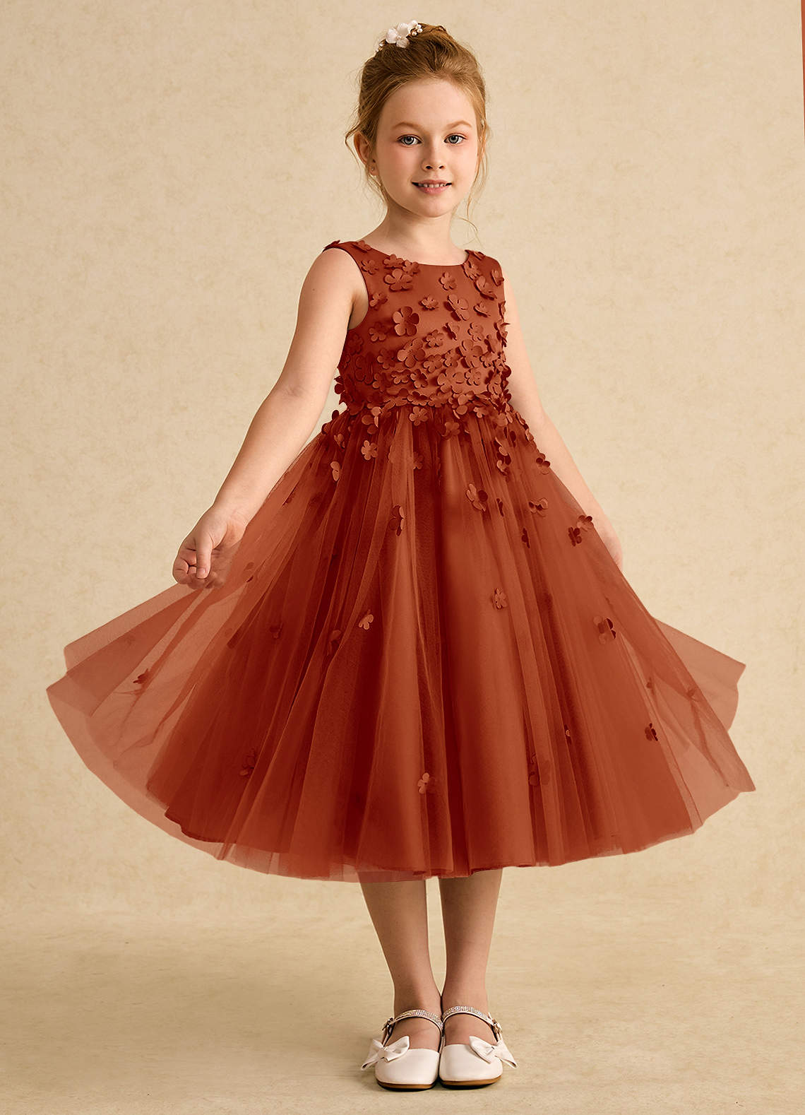 Azazie Lana Flower Girl Dresses Paprika A-Line Sleeveless Matte Satin Dress image4