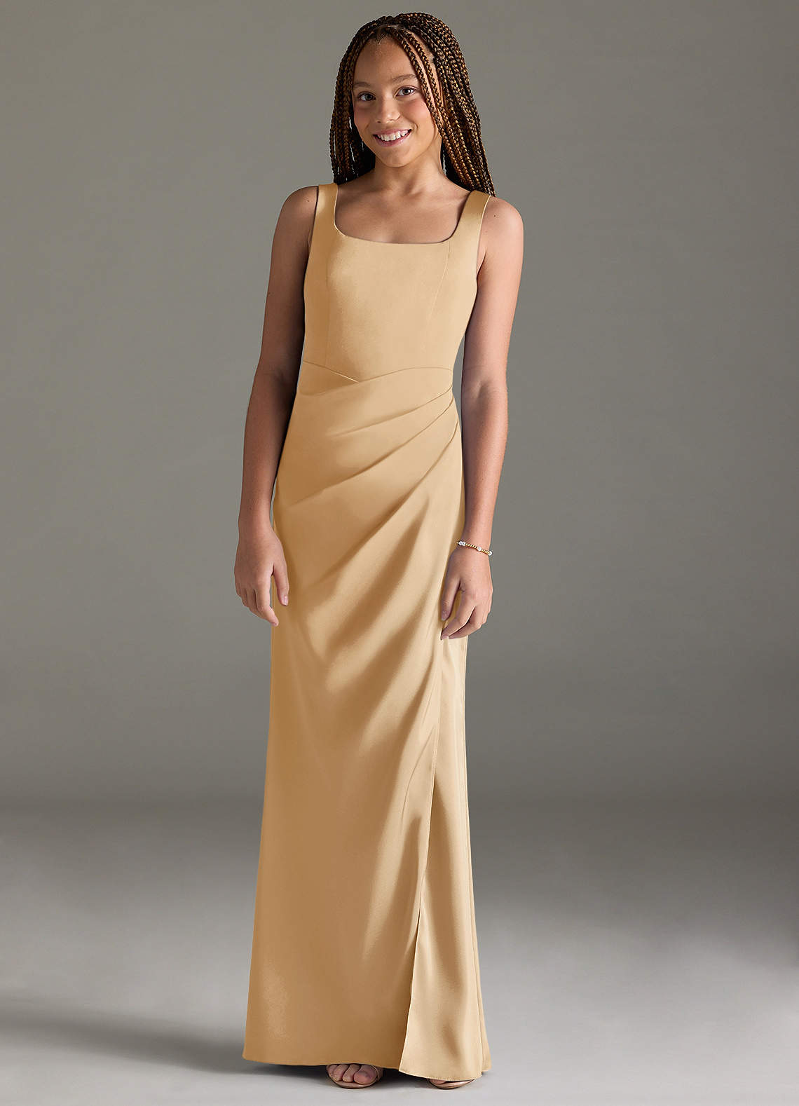 Azazie Mermaid Square Neck Floor-Length Stretch Satin Junior Bridesmaid Dresses - Gold
