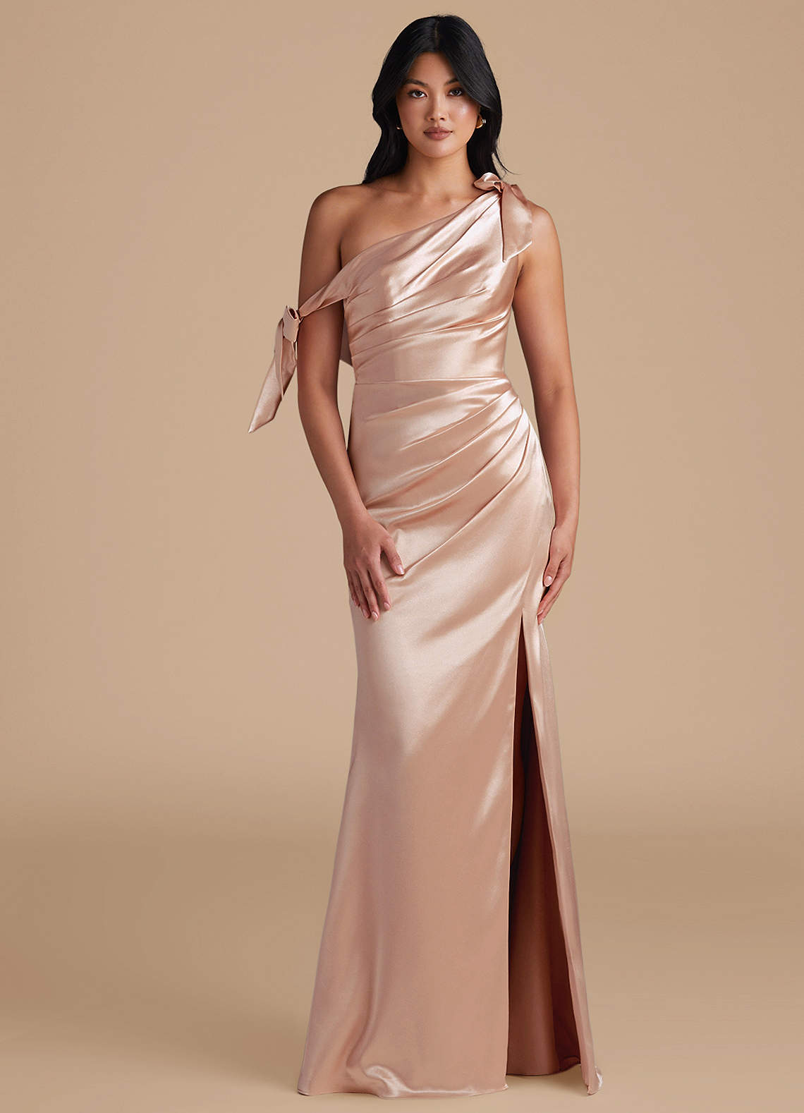 Azazie Xyla At-home Try On Dresses Auburn Sheath Off the Shoulder Metallic Satin Convertible Dress image1