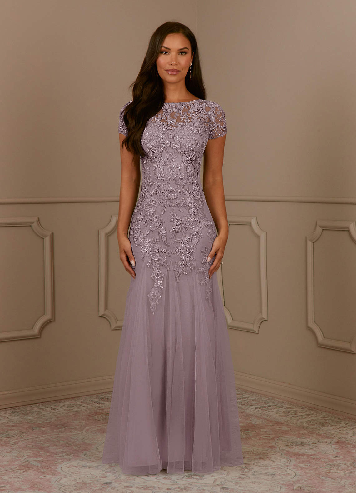 Azazie Laurie Venta Final Vestido de Taupe de Tul de Corte Sirena con Scoop Lentejuelas image1