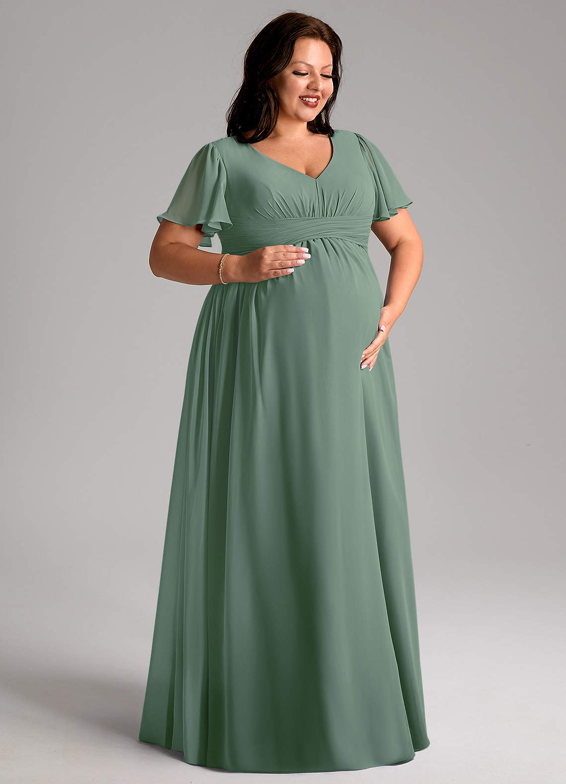 Azazie Verna Maternity Bridesmaid Dresses A-Line V-Neck Ruched Chiffon Floor-Length Dress image9