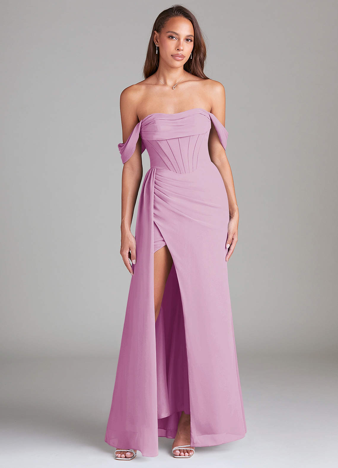 Azazie Amyra Bridesmaid Dresses Candy Pink Sheath Off the Shoulder Chiffon Convertible Dress image1