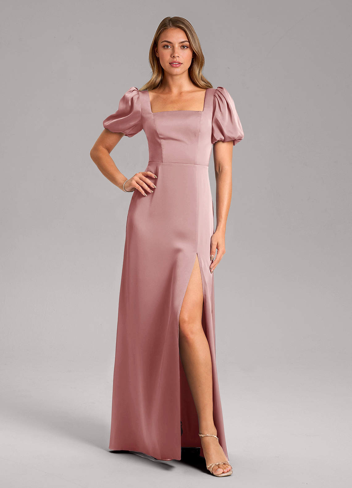 Azazie Fyona Bridesmaid Dresses Dusty Rose A-Line Pleated Stretch Satin Dress image1