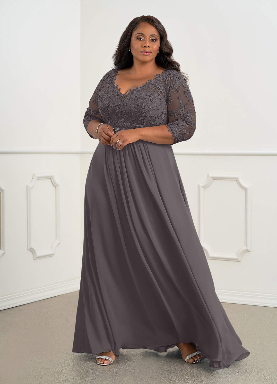 Azazie Plus Size A-Line/Princess V-Neck Floor-Length Lace Mother of the Bride or Groom Dresses - Steel Grey
