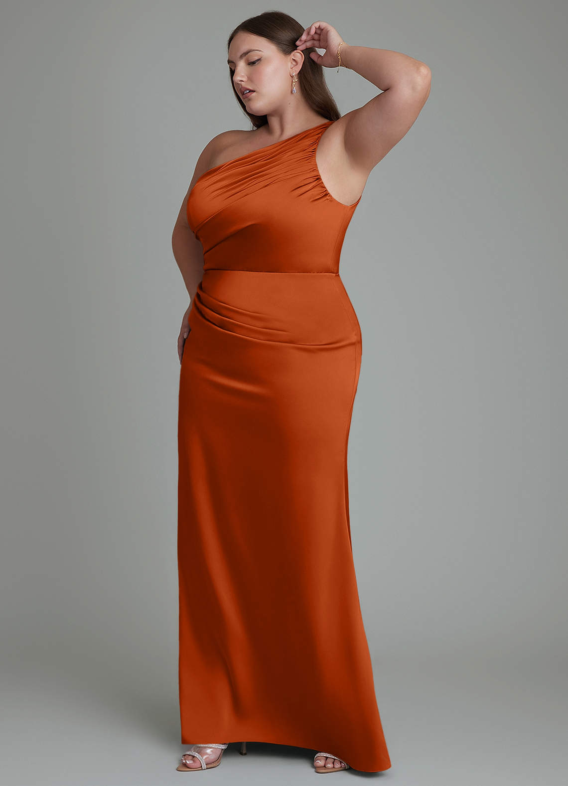 Azazie Akilah Bridesmaid Dresses Burnt Orange Mermaid One Shoulder Stretch Satin Dress image11