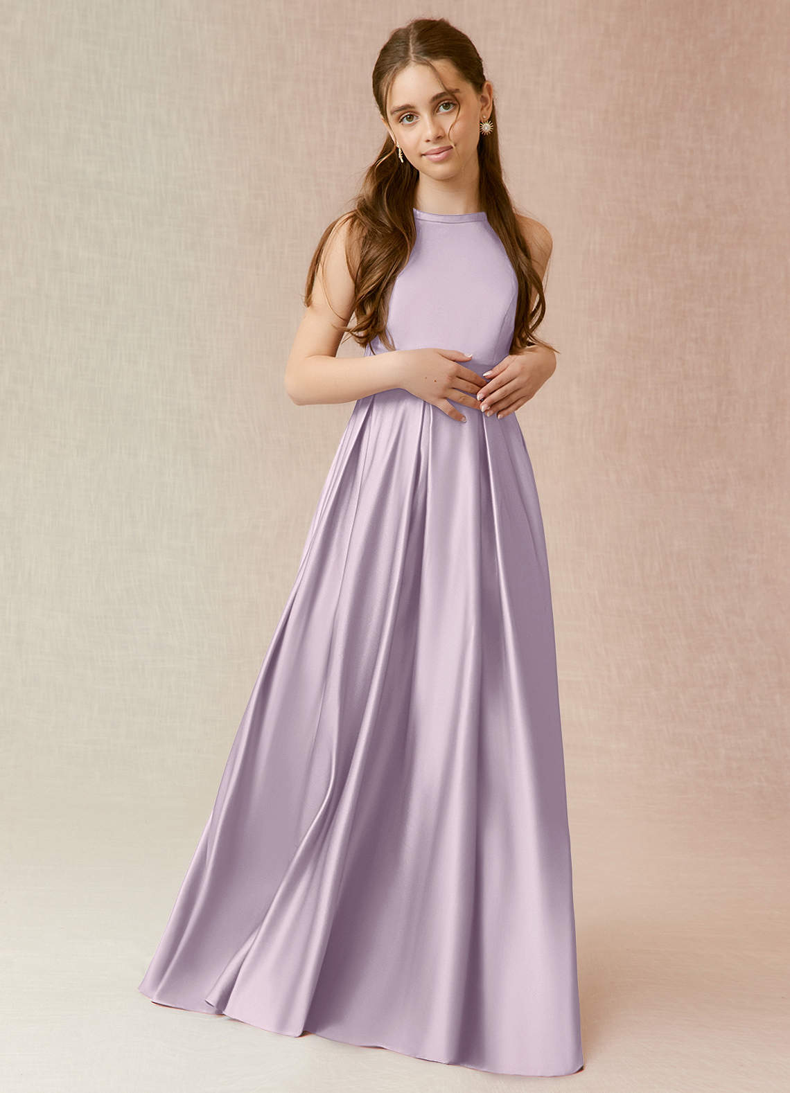 Azazie Arianthe Junior A-Linie mit Taschen Matte Satin Kleid Frostiges Flieder image1