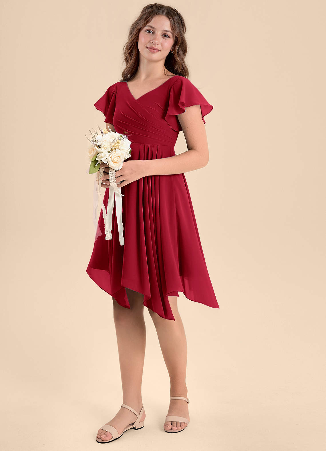 Azazie Janeaurelia Junior A-Linie Plissee Chiffon Kleid Scharlachrot image1