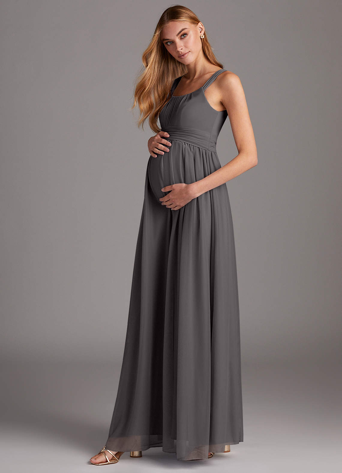 Azazie Empire Scoop Neck Floor Length Mesh Maternity Bridesmaid Dresses Steel Grey