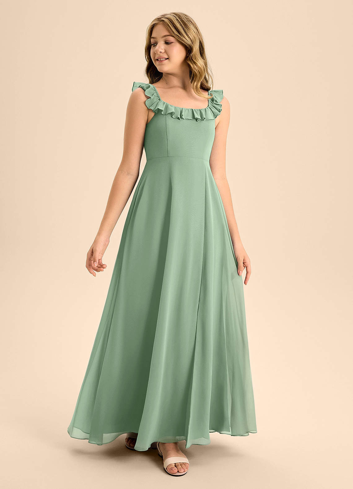 Azazie Callie Junior Jurk van Chiffon met A-Lijn Ruches Matcha image1