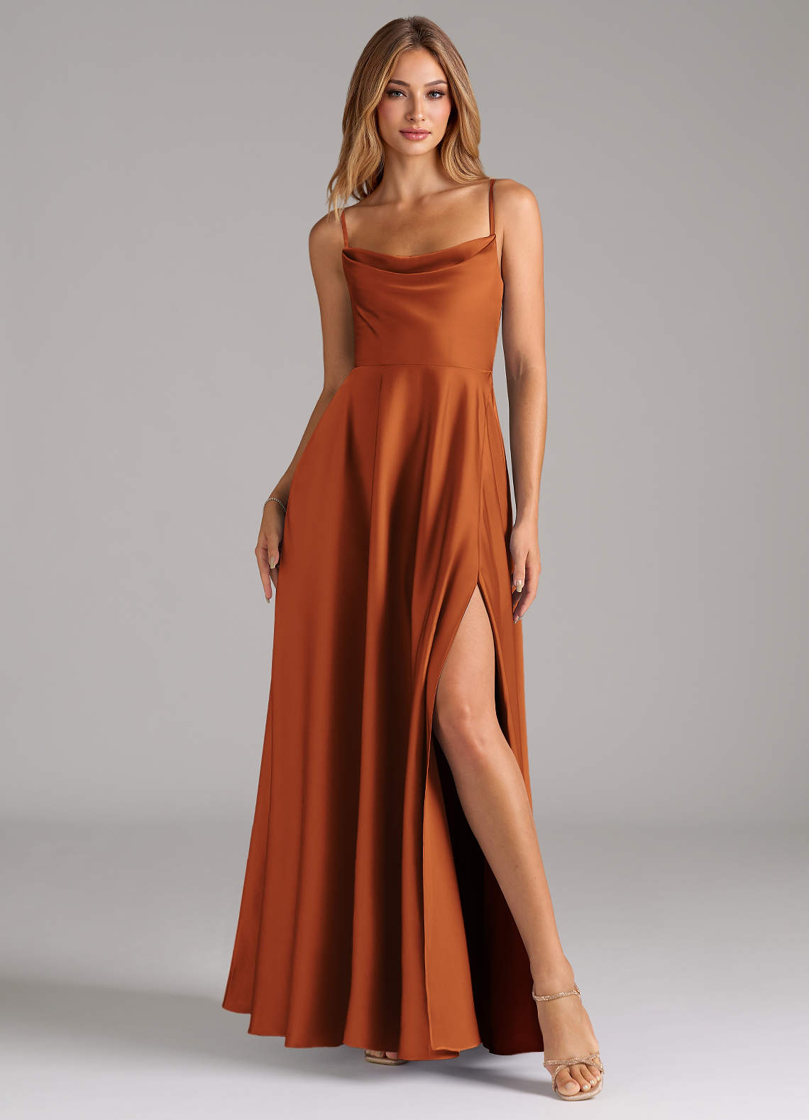 Azazie Elle Bridesmaid Dresses Cinnamon A-Line Pleated Stretch Satin Dress image3