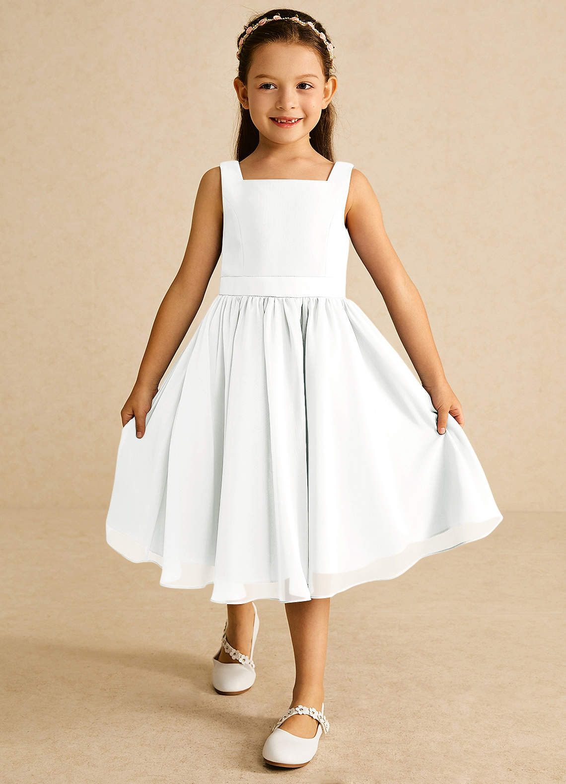Azazie Ari Flower Girl Dresses Diamond White A-Line Sleeveless Chiffon Dress image1