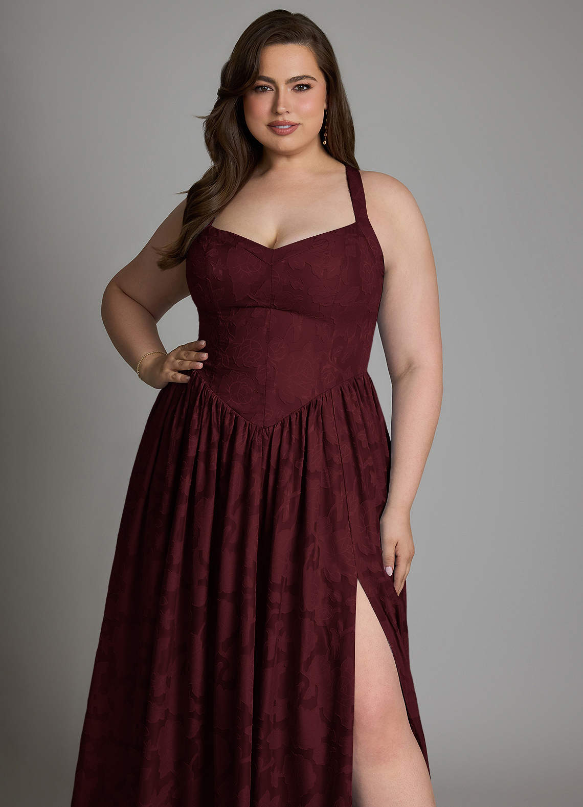 Azazie Francis Bridesmaid Dresses Cabernet A-Line Corset Floral Burnout Dress image10