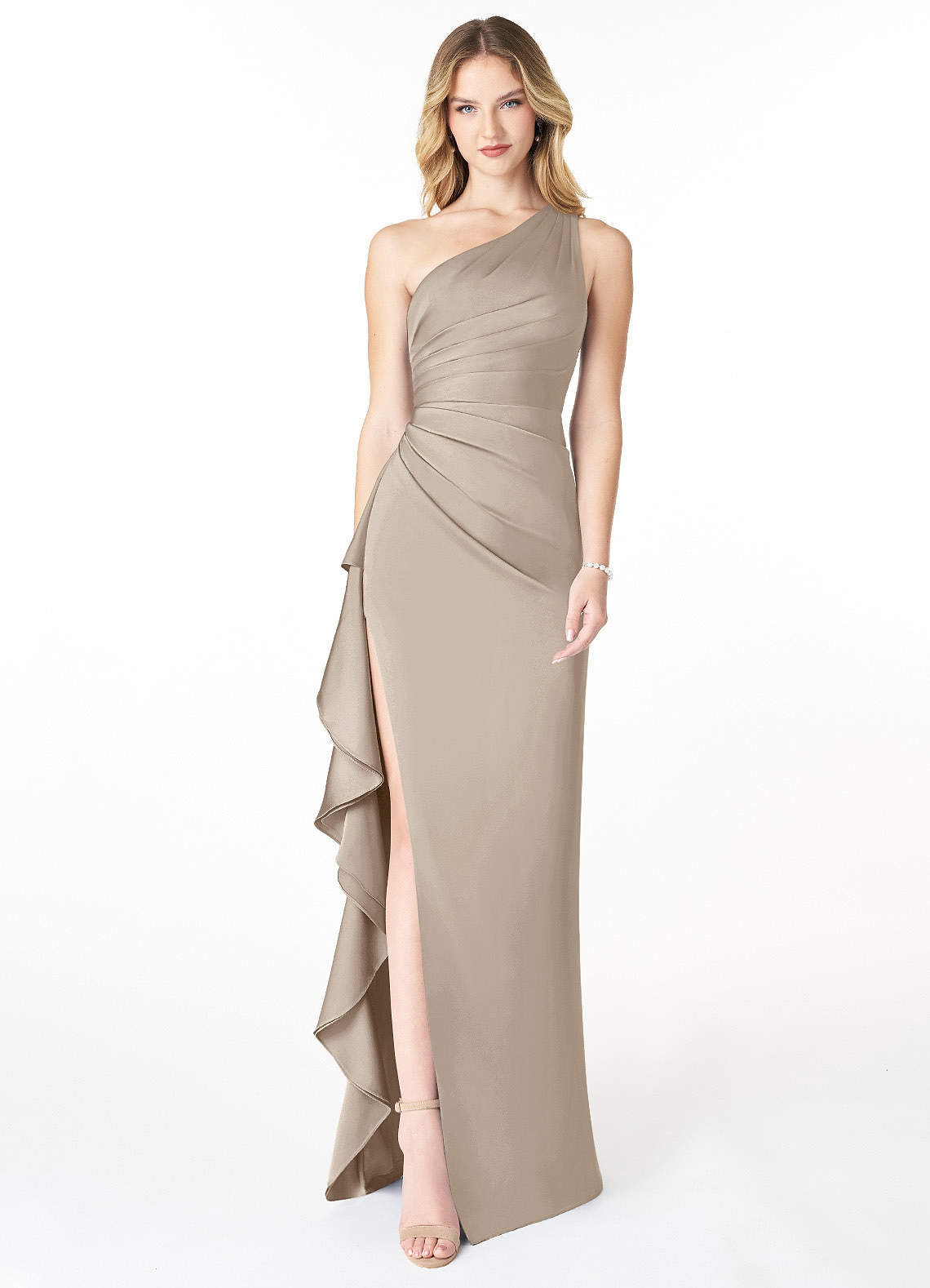 Azazie Latrice Bridesmaid Dresses Frost Sheath One Shoulder Cascading Ruffles Stretch Satin Dress image1
