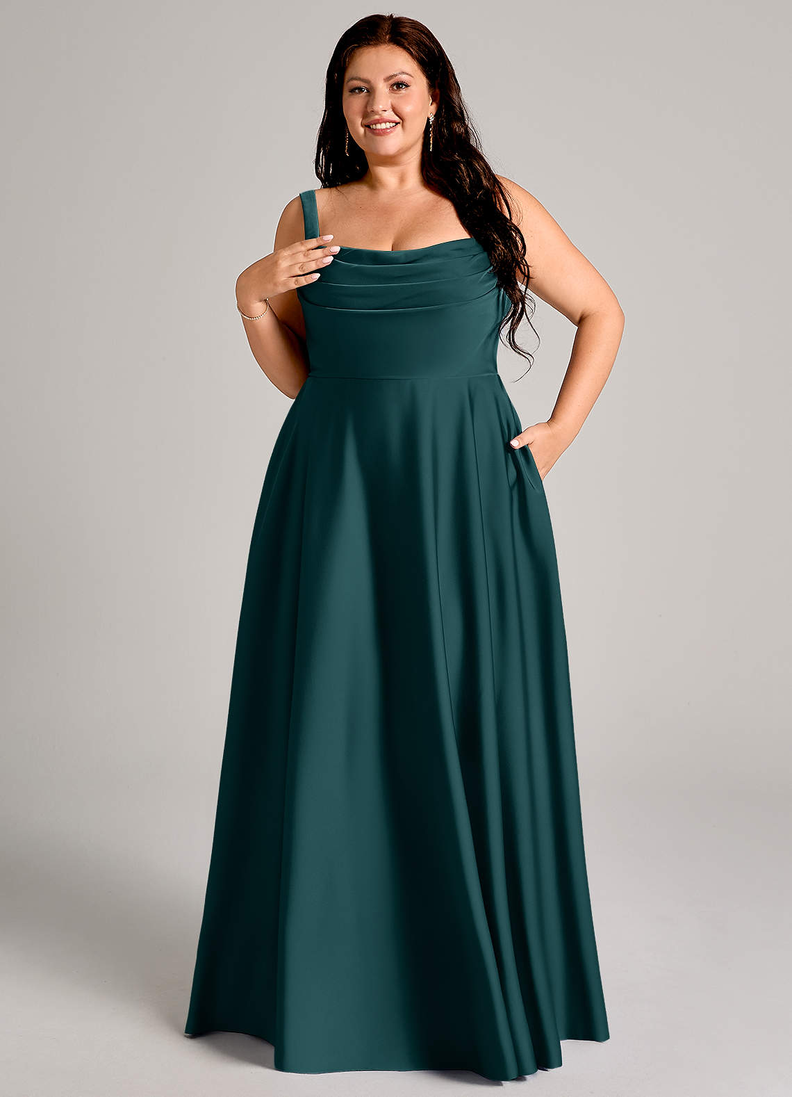 Azazie A-Line Square Neck Floor-Length Stretch Satin Bridesmaid Dresses - Pine