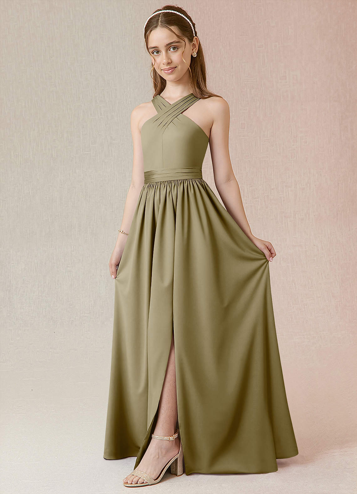 Azazie Jiya Junior A-Linie Plissee Stretch-Satin Kleid Moosgrün image1