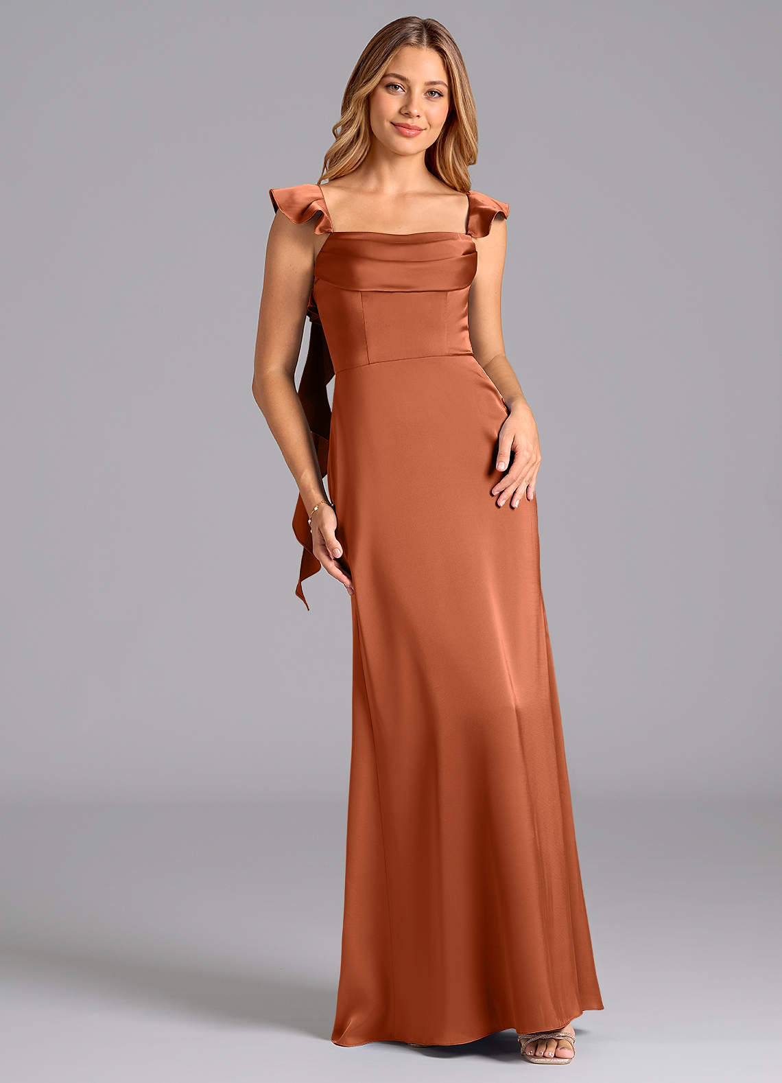 Azazie Adi Bridesmaid Dresses Cedar Rose A-Line Pleated Stretch Satin Dress image1