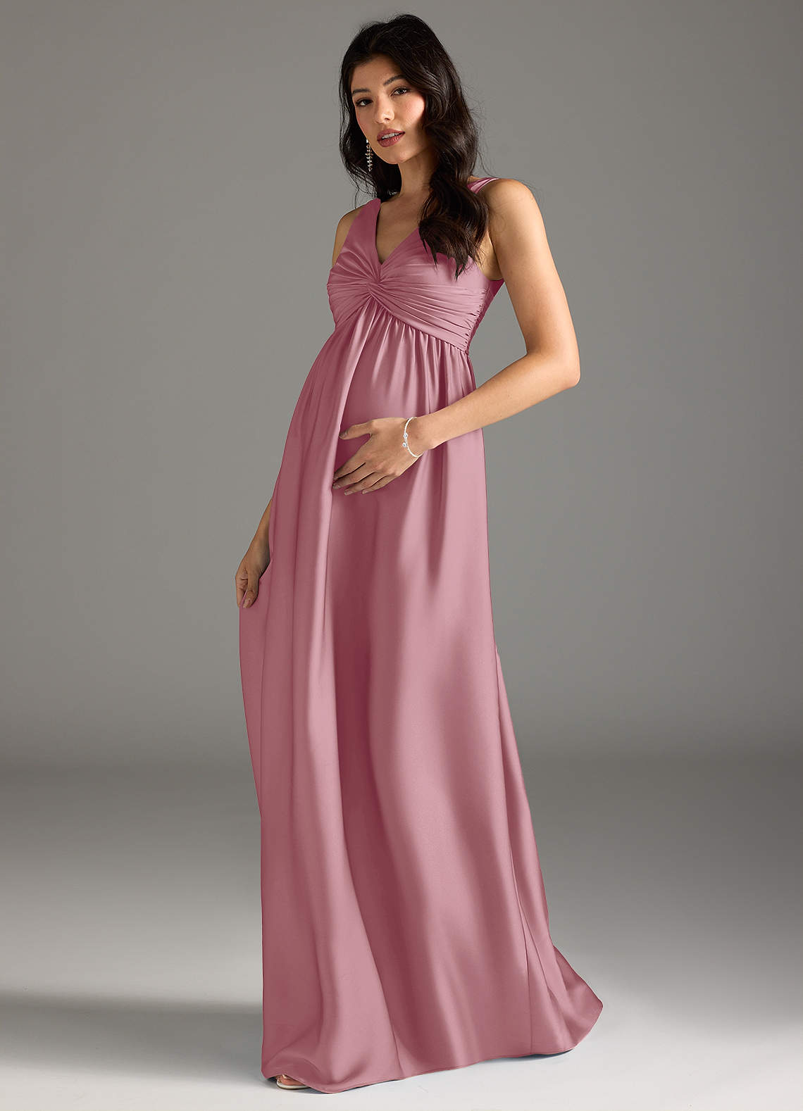 Azazie Yetta Maternity Bridesmaid Dresses A-Line Pleated Stretch Satin Floor-Length Dress image1