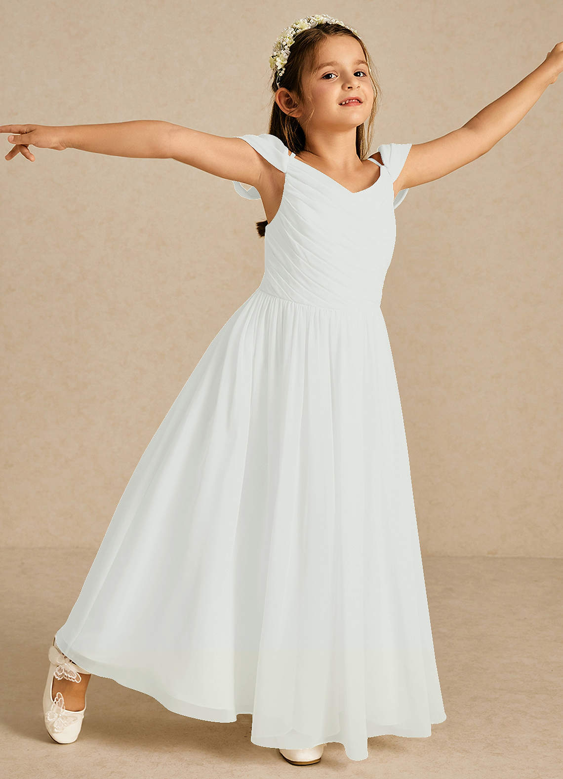 Azazie Chelle Flower Girl Dresses Diamond White A-Line Pleated Chiffon Dress image2
