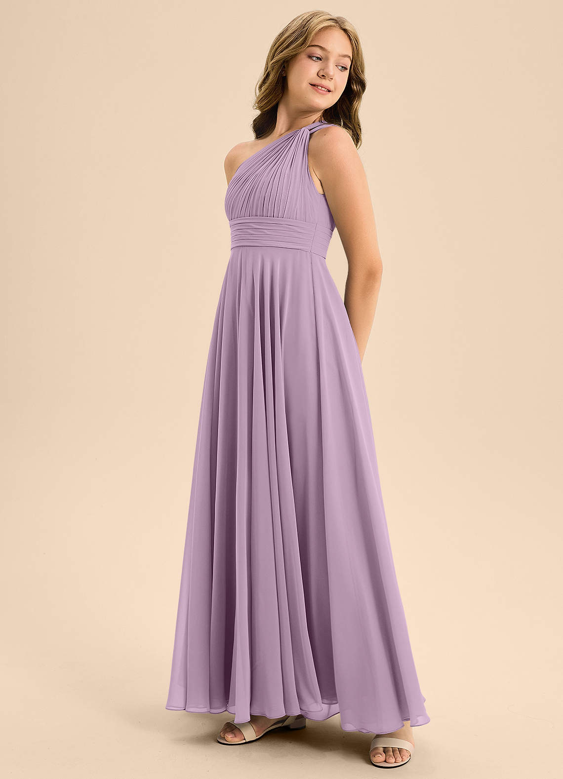 Azazie Charlize Junior Vestido Glicínia de Chiffon de Linha A com Plissado image3