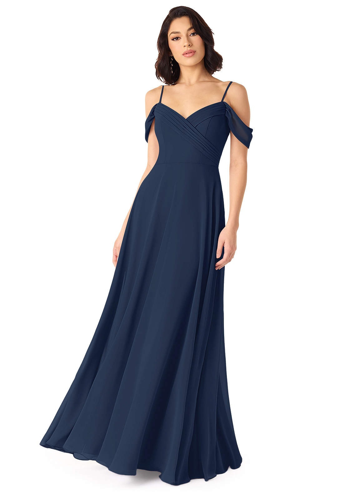Azazie Tancie Bridesmaid Dresses Dark Navy A-Line Off the Shoulder Chiffon Convertible Dress image1