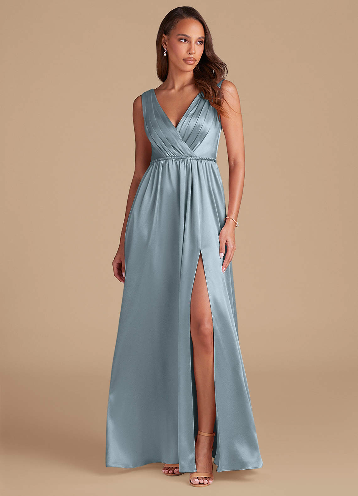 Azazie Tanicia Bridesmaid Dresses Dusty Blue A-Line Pleated Metallic Satin Dress image1