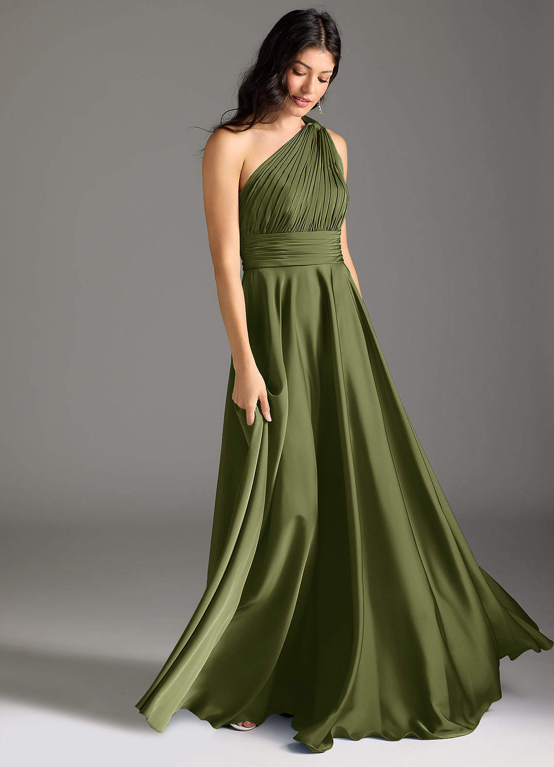 Azazie Charlize Bridesmaid Dresses Olive A-Line One Shoulder Stretch Satin Dress image2