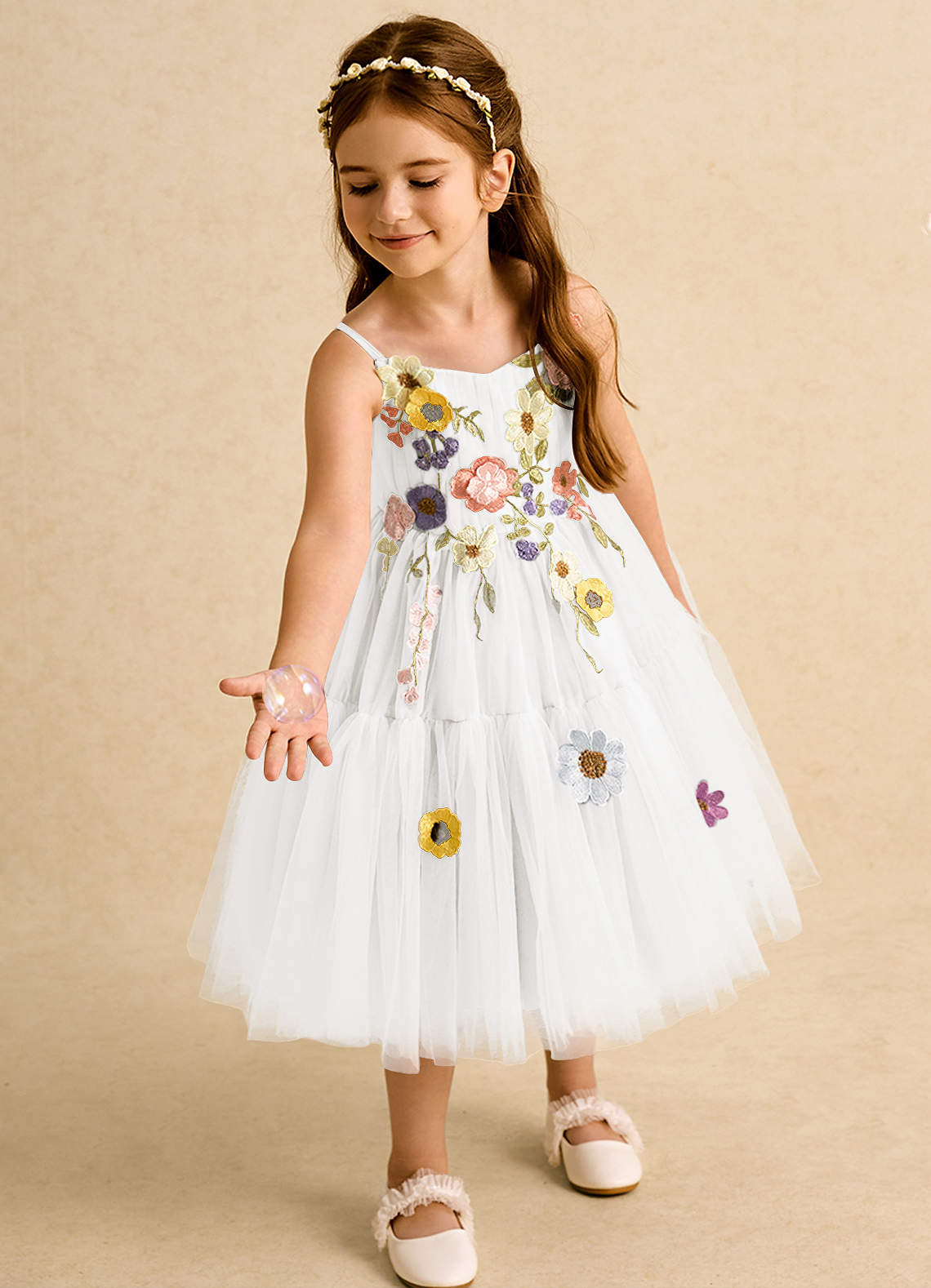 Azazie Osea Flower Girl Dresses Ivory Ball-Gown Pleated Tulle Dress image1