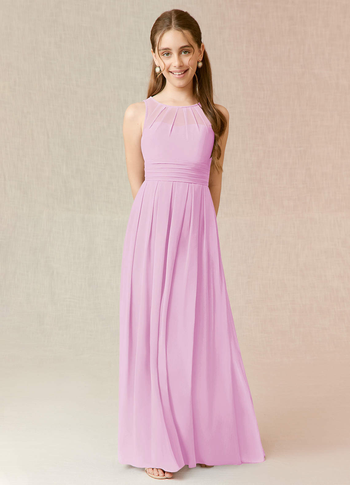 Azazie Bibiane Junior Vestido de Rosa Caramelo de Gasa de Corte En A con Plisado image1