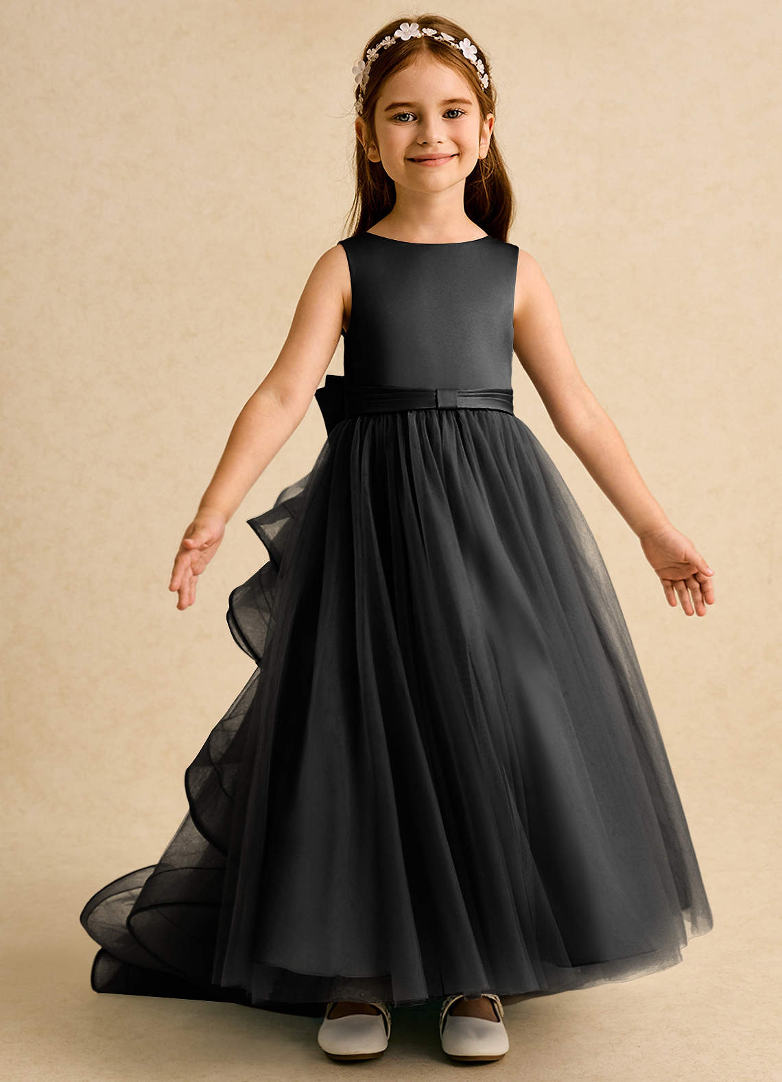 Azazie Lior Robe Demoiselle D'honneur Fillette Robe Princesse en Tulle Plissée Noir image5