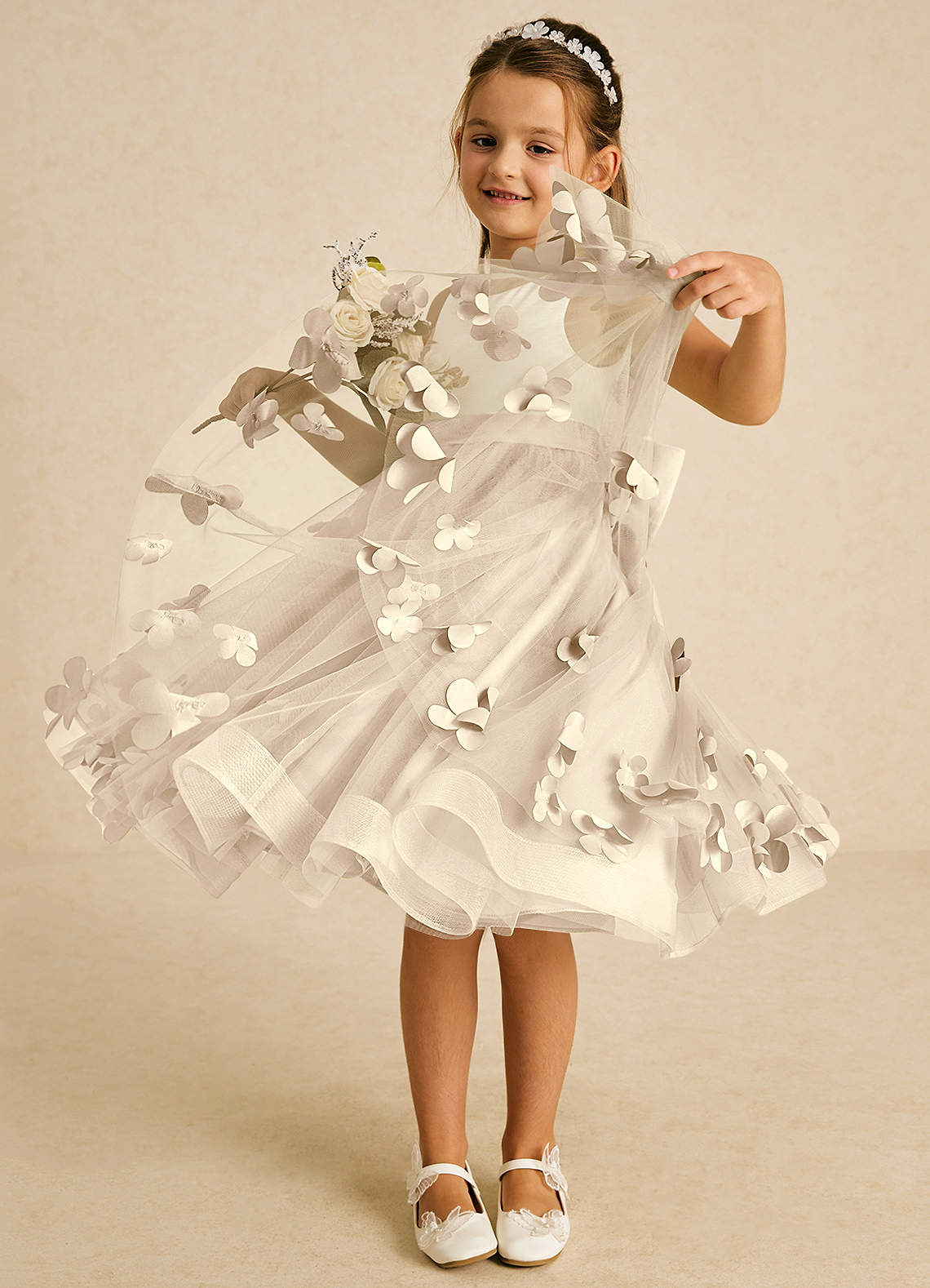 Azazie Sprout Flower Girl Dresses Champagne A-Line Bow Tulle Dress image2