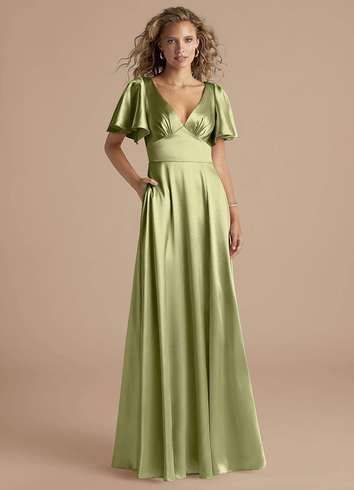 Azazie Kimber Brautjungfernkleider A-Linie Gestreift Metallischer Satin Kleid Pistazie image1