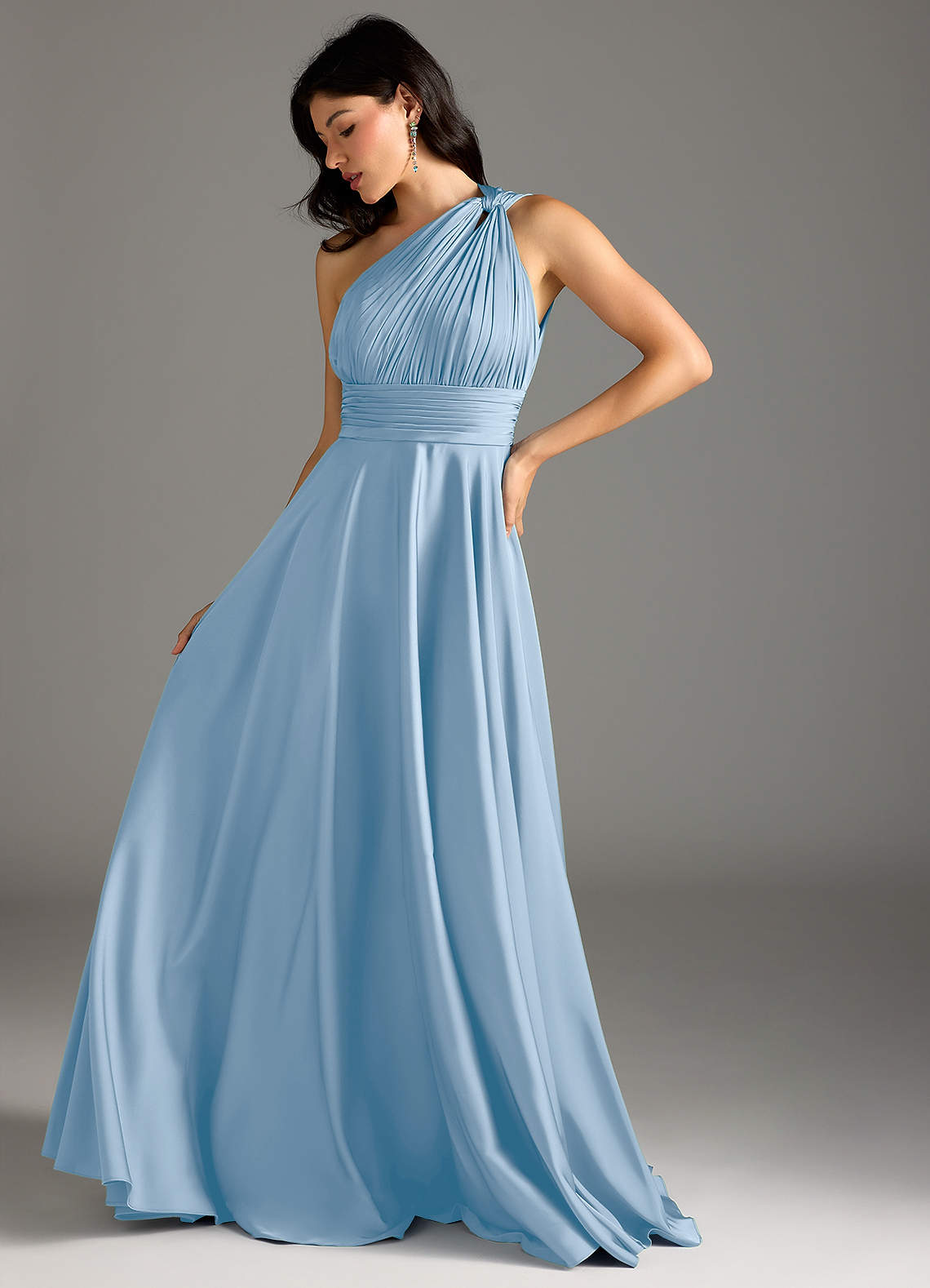 Azazie Charlize Bridesmaid Dresses Powder Blue A-Line One Shoulder Stretch Satin Dress image4
