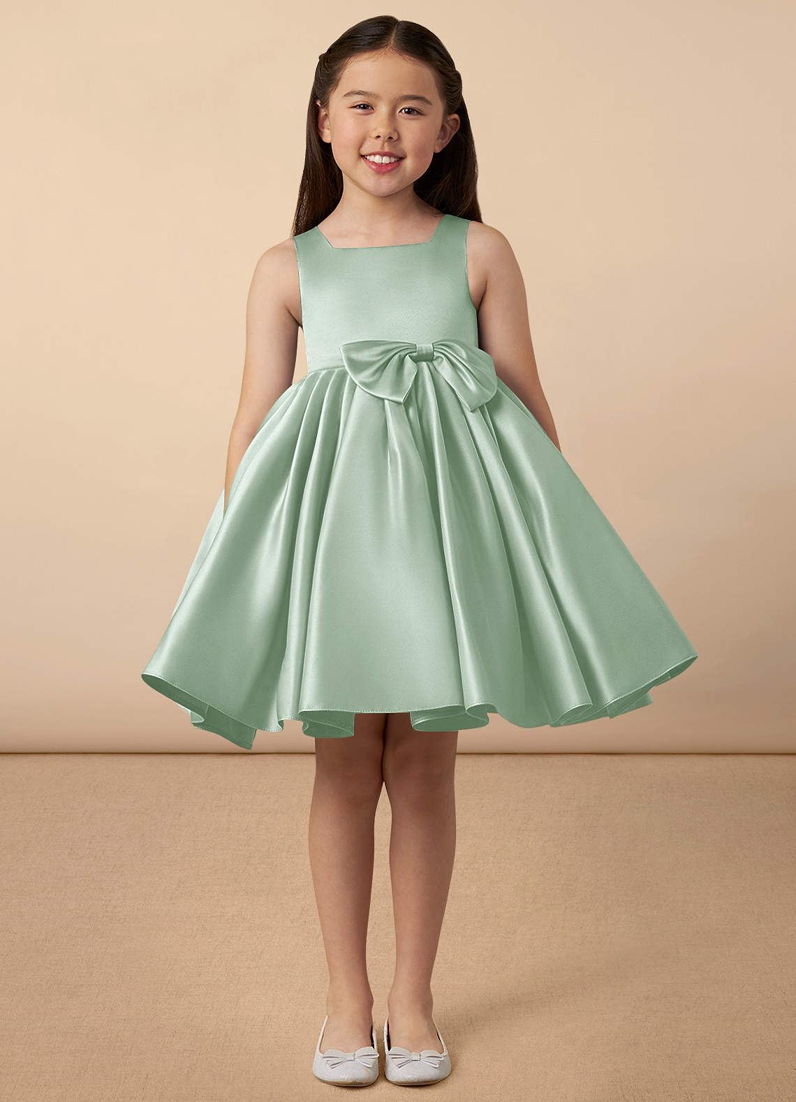Azazie Bo Peep Flower Girl Dresses Agave A-Line Bow Matte Satin Dress image1