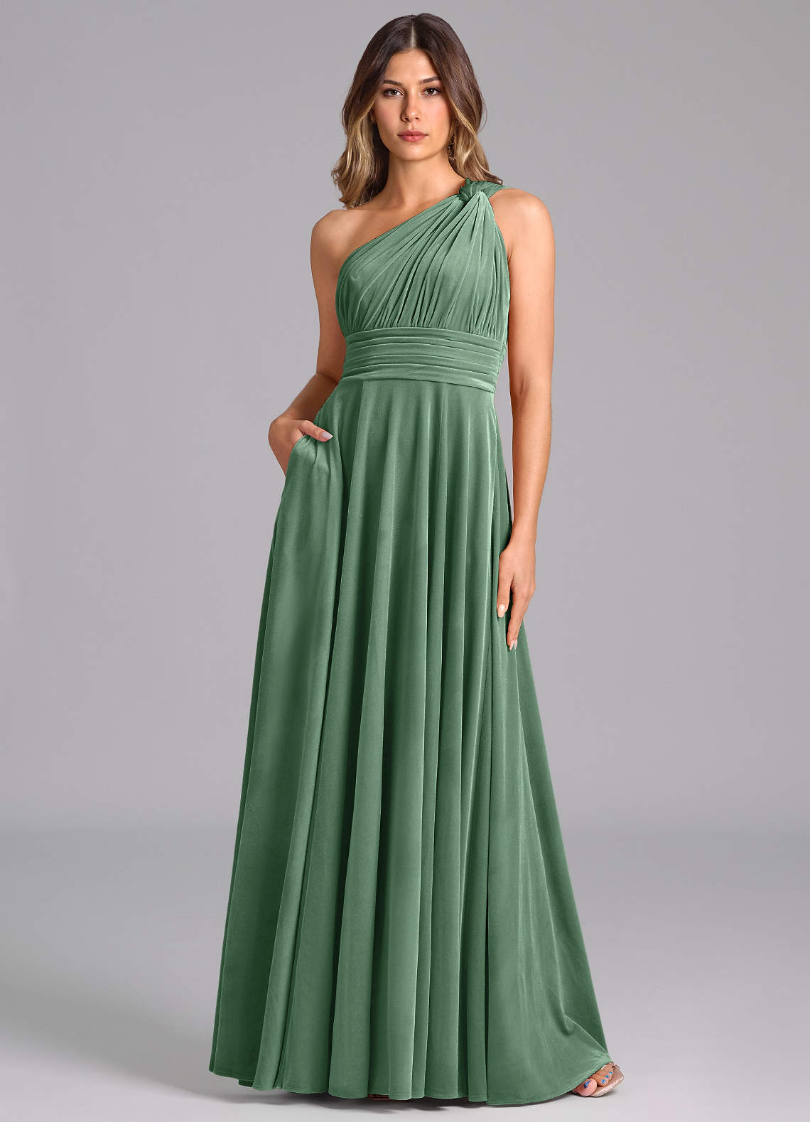 Azazie Charlize Bridesmaid Dresses Eucalyptus A-Line One Shoulder Velvet Dress image1