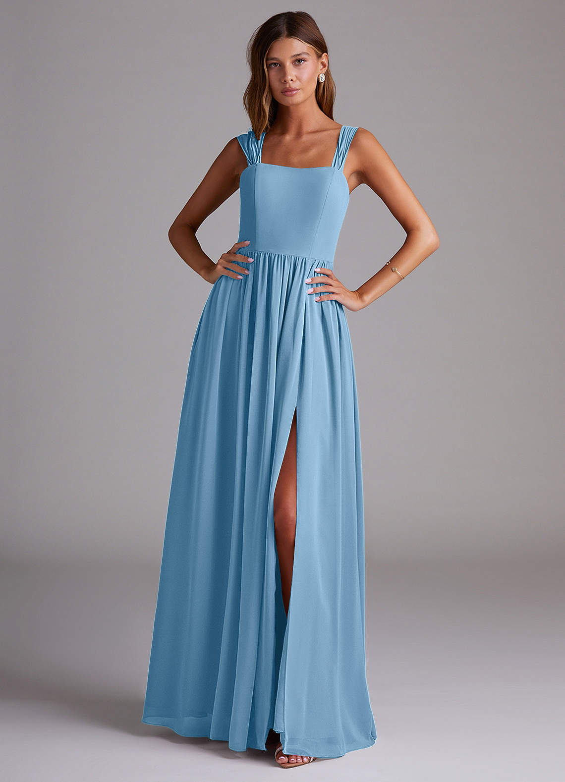 Azazie Calianna Jurken voor bruidsmeisjes Converteerbaar Jurk van Chiffon met A-Lijn Off the Shoulder Staal Blauw image1